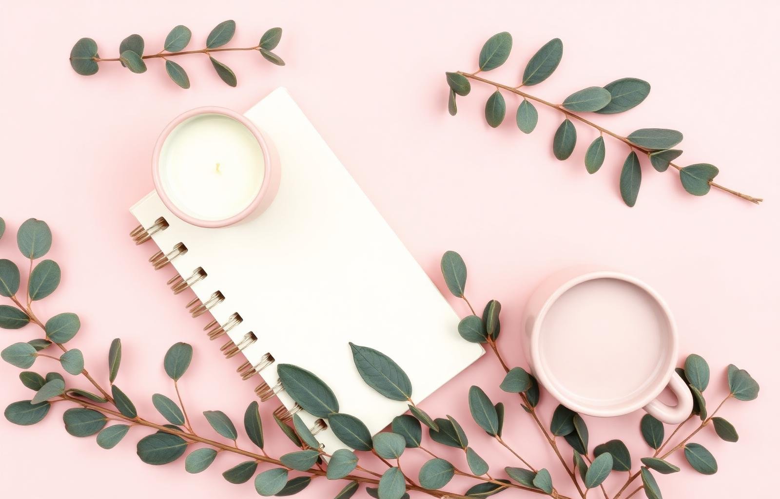 Soft blush flat lay with notebook and eucalyptus